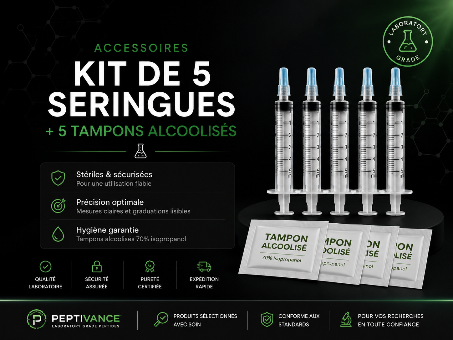 💉 Kit de 5 seringues stériles + 5 tampons désinfectants